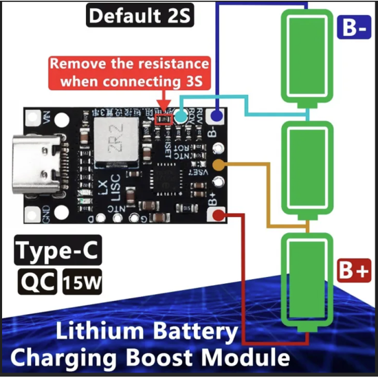 Mạch sạc pin 2S/3S 3.7V QC type C 15W